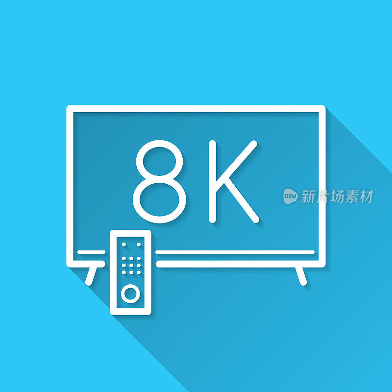 8 k电视。图标在蓝色背景-平面设计与长阴影